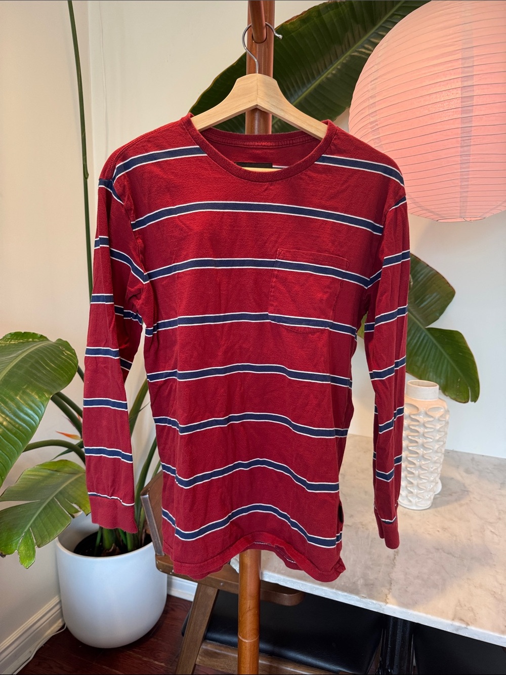 Brixton Red Navy and White Striped Long Sleeve Tee